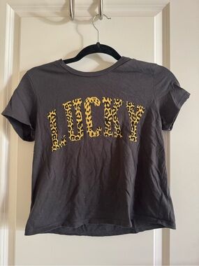 Lucky Brand Black Crop Tee with Yellow Leopard 'LUCKY' Graphic